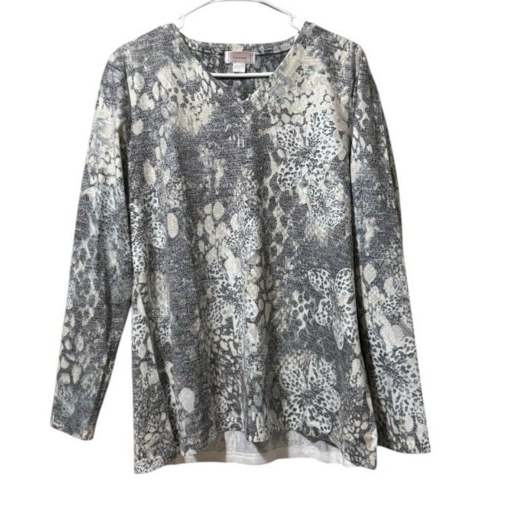 Kamana Women Size Medium Pullover Blouse Stretch Modern Designer V Neck Floral